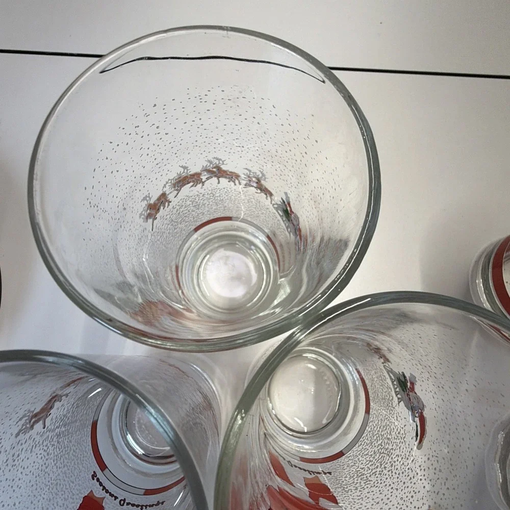 Vintage Firna Drinking Christmas Glass Tumbler Santa Sleigh Reindeers-Set Of 3